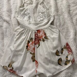 Women’s Hello Molly White/Floral Lace Trim Romper